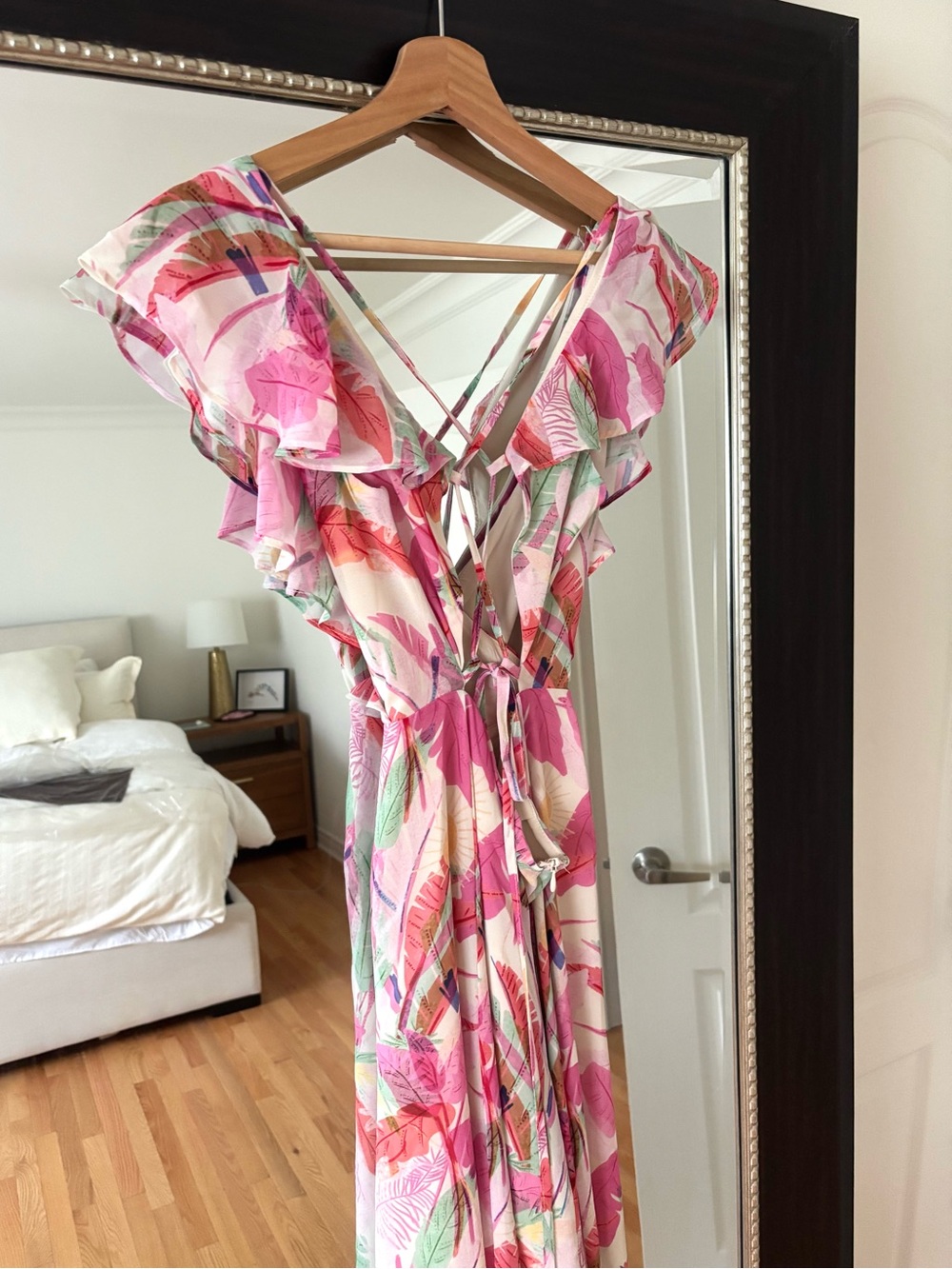 SHEIN Pink Tropical Ruffle Maxi Dress
